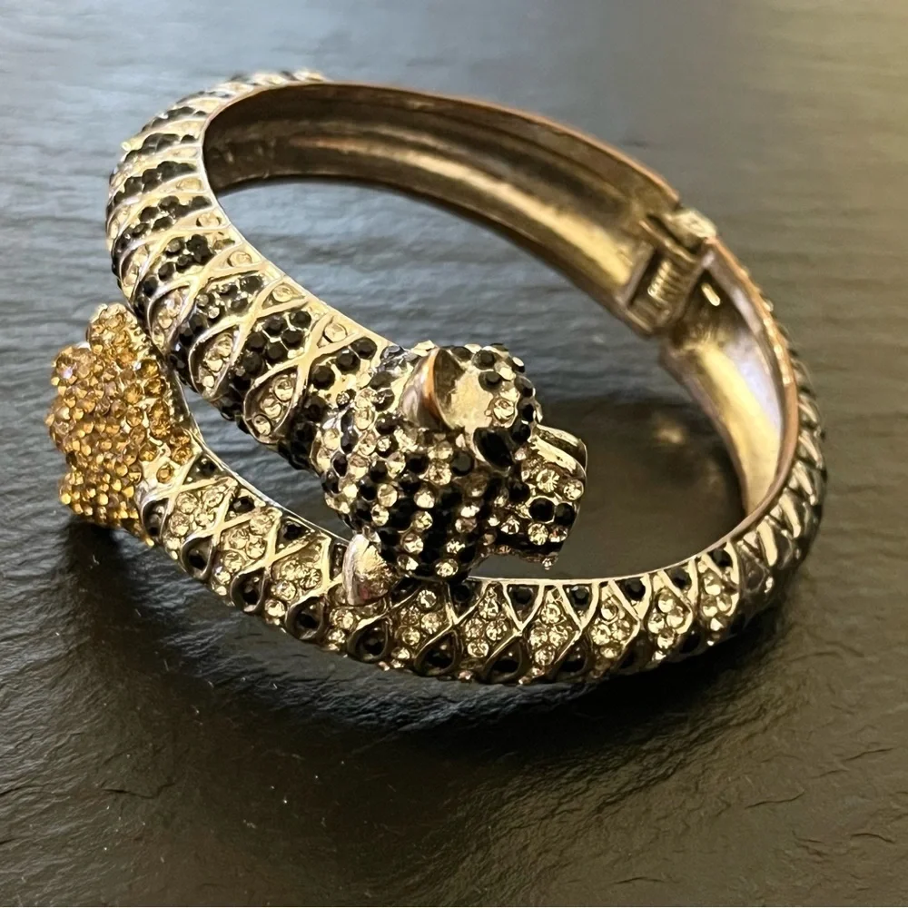 Black Panther Cougar Jaguar Hinged Rhinestone Silver Tone Bracelet